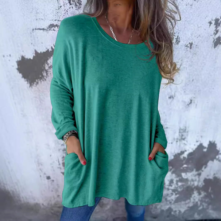 Damen Weiches Oversize Langarmshirt mit Rundhalsausschnitt, Lässigen Ärmeln und Seitentaschen – Avérine