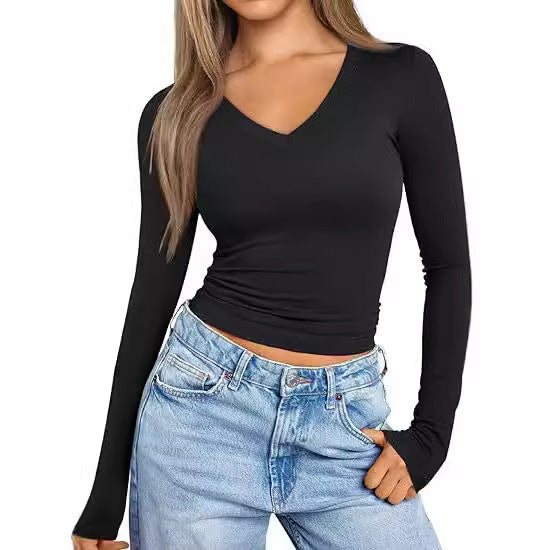 Damen Figurnahes Langarm-Cropped-Shirt mit V-Ausschnitt und elastischem Taillenbund Echo Archiv