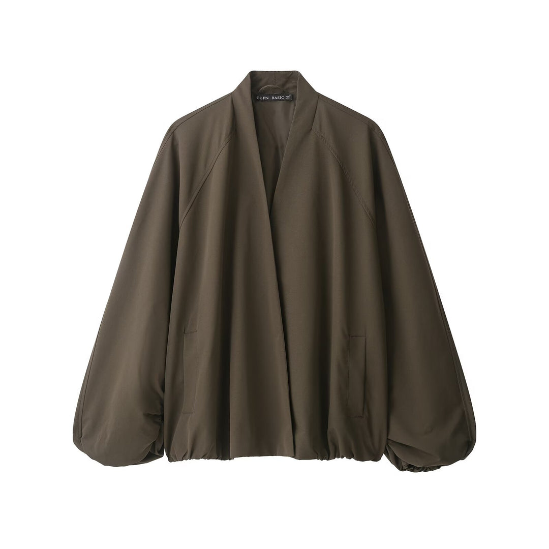 Damen Oversize Cropped Bomberjacke mit offenem V-Ausschnitt und elastischem Saum Echo Archiv