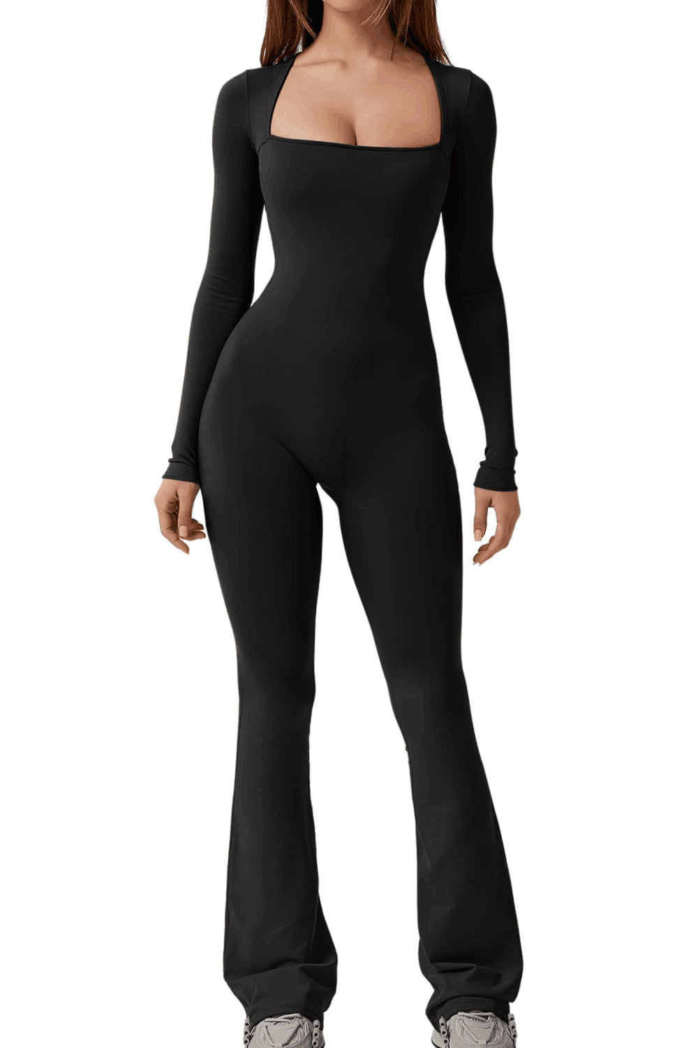 Damen nan figurbetonter Langarm-Jumpsuit mit quadratischem Ausschnitt und ausgestellter Schlaghose Echo Archiv