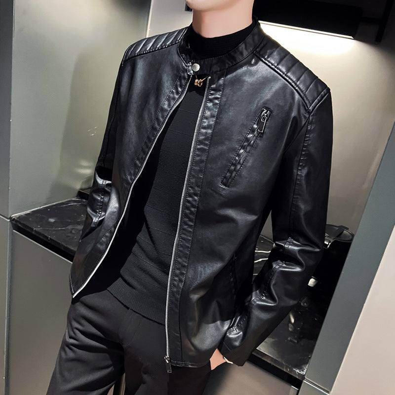 Herren Schlanke Kunstleder-Bikerjacke mit Stehkragen, Steppeinsätzen und Reißverschlusstaschen Echo Archiv