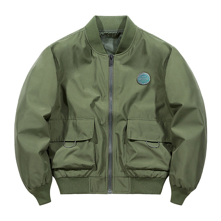 Men's short-length military-inspired zip bomber jacket with dual flap cargo pockets and D-ring accents – Brevano