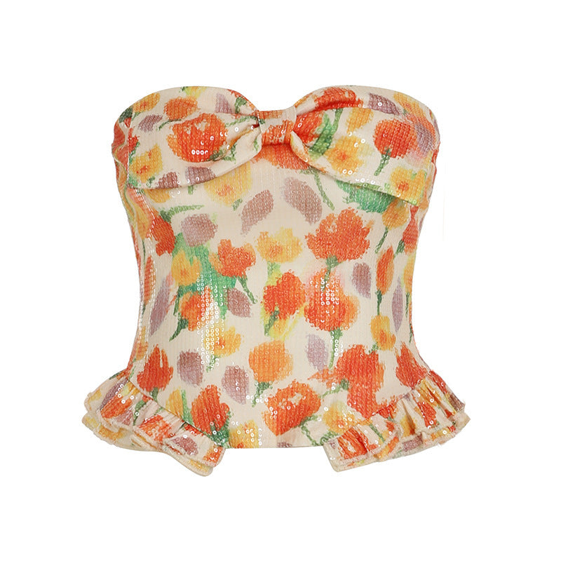 Damen Bustier-Top mit floralem Glitzerdesign und Rüschensaum Echo Archiv