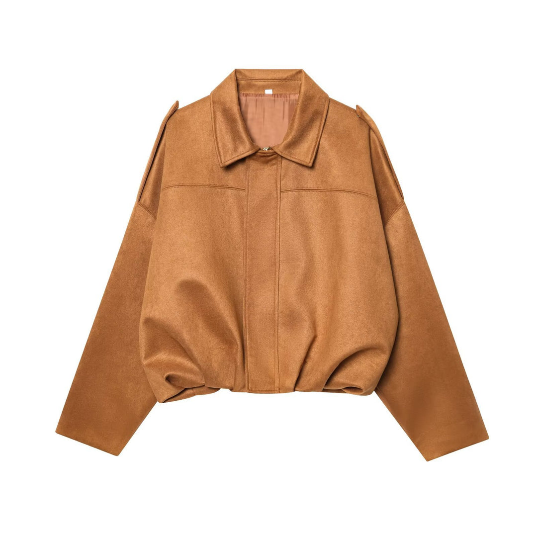 Damen Gekürzte Wildlederoptik-Blousonjacke mit Taillen-Smock und Schulterpatten Echo Archiv