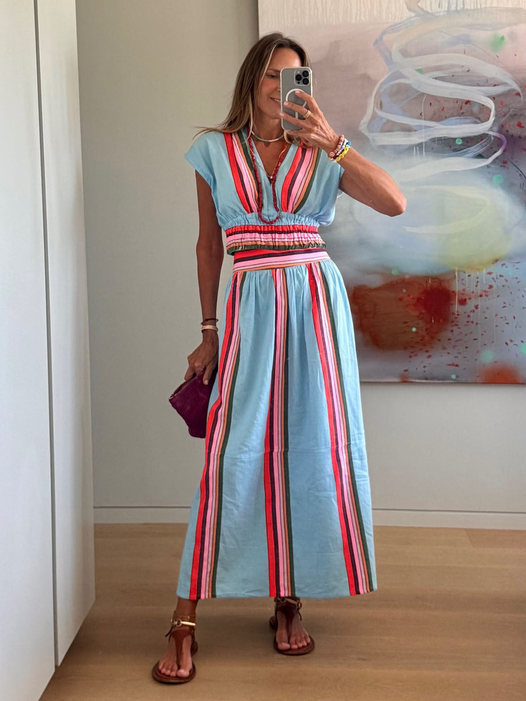 Damen Strandmaxi-Kleid mit elastischem Taillenbund und buntem Streifenmuster Echoarchiv
