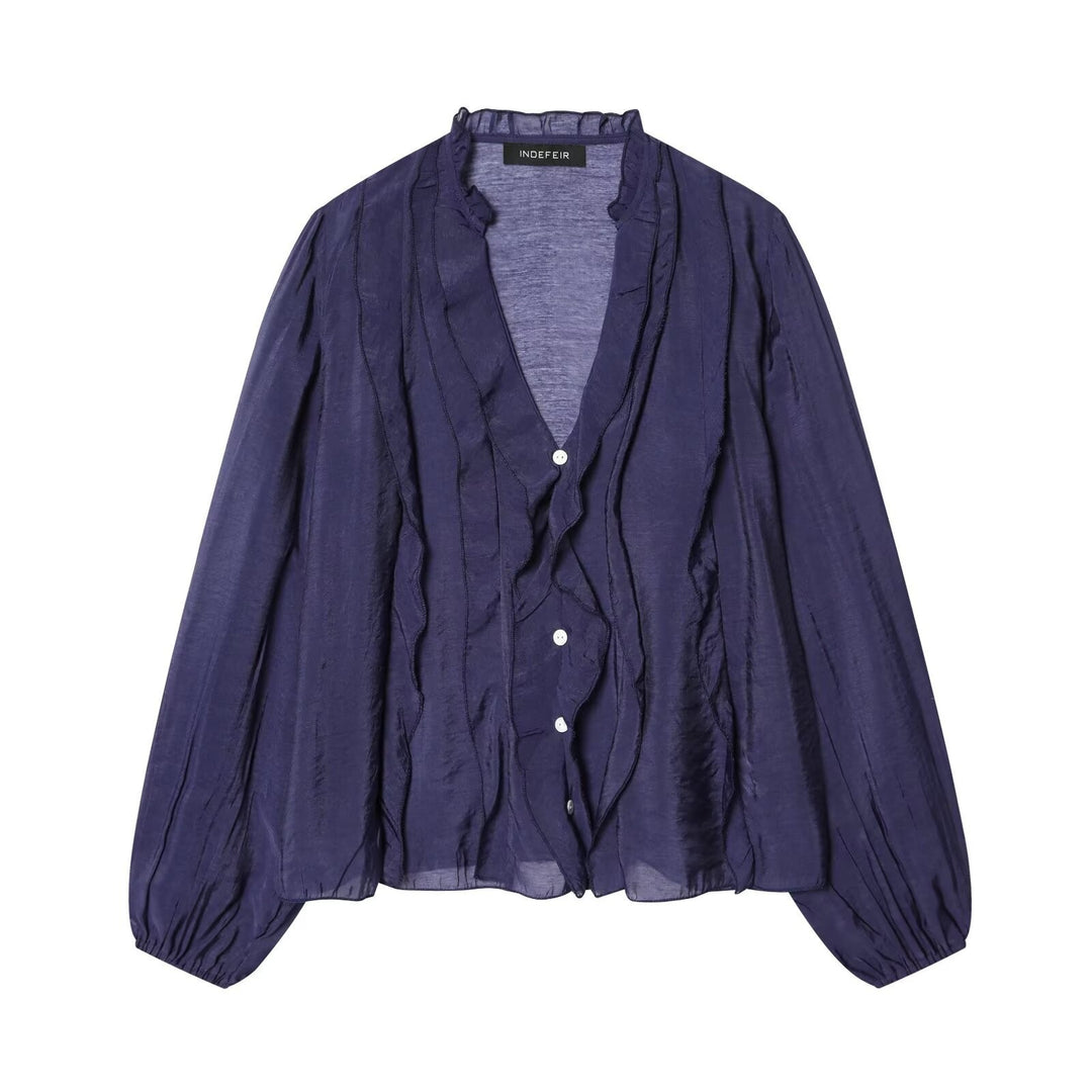 Damen Leichte Chiffon-Bluse mit Volantknopfleiste und Ballonärmeln Echo Archiv