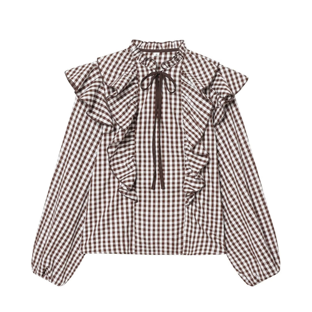 Damen Rüschenshirt mit klassischen Karomuster und eleganten Bindebändern Echo Archiv