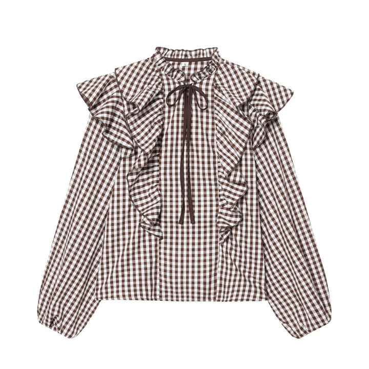Damen Rüschenshirt mit klassischen Karomuster und eleganten Bindebändern Echo Archiv