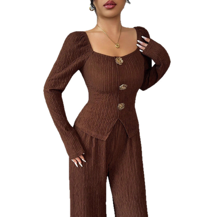 Damen nan tailliertes Blusen- und Hosen-Set aus Crinkle-Plissee mit Puffärmeln und Zierknöpfen Echo Archiv