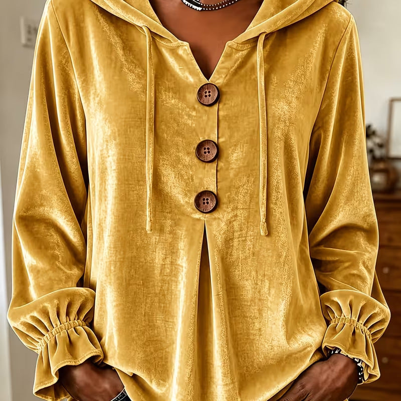 Damen Samt-Hoodie mit Holzknopfblende, Tunnelzug und gerafften Ärmeln – Auréline