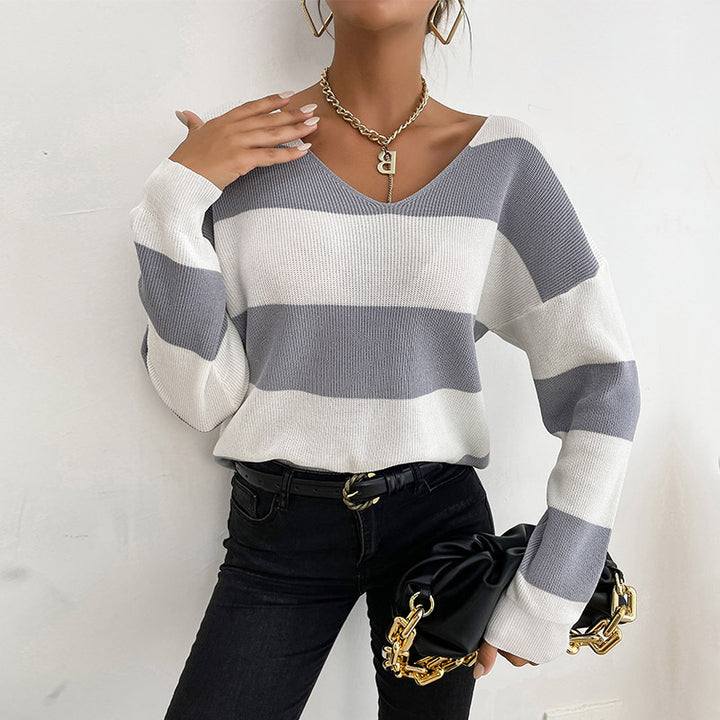 Damen Leichter Oversize‑Strickpullover mit V‑Ausschnitt und breitem Streifenmuster Echoarchiv