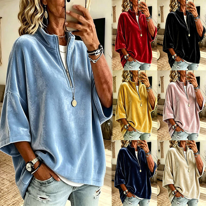Damen Oversize Samt-Pullover mit kurzem Reißverschluss und Stehkragen Echoarchiv