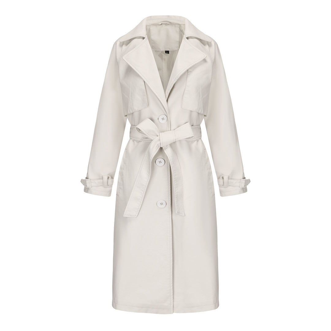Damen nan langer taillierter Kunstleder-Trenchcoat mit Bindegürtel Echo Archiv