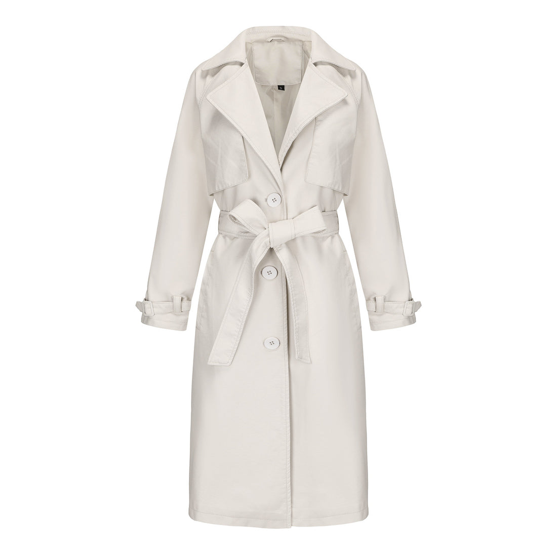Damen langer taillierter Kunstleder-Trenchcoat mit Bindegürtel – Avérine