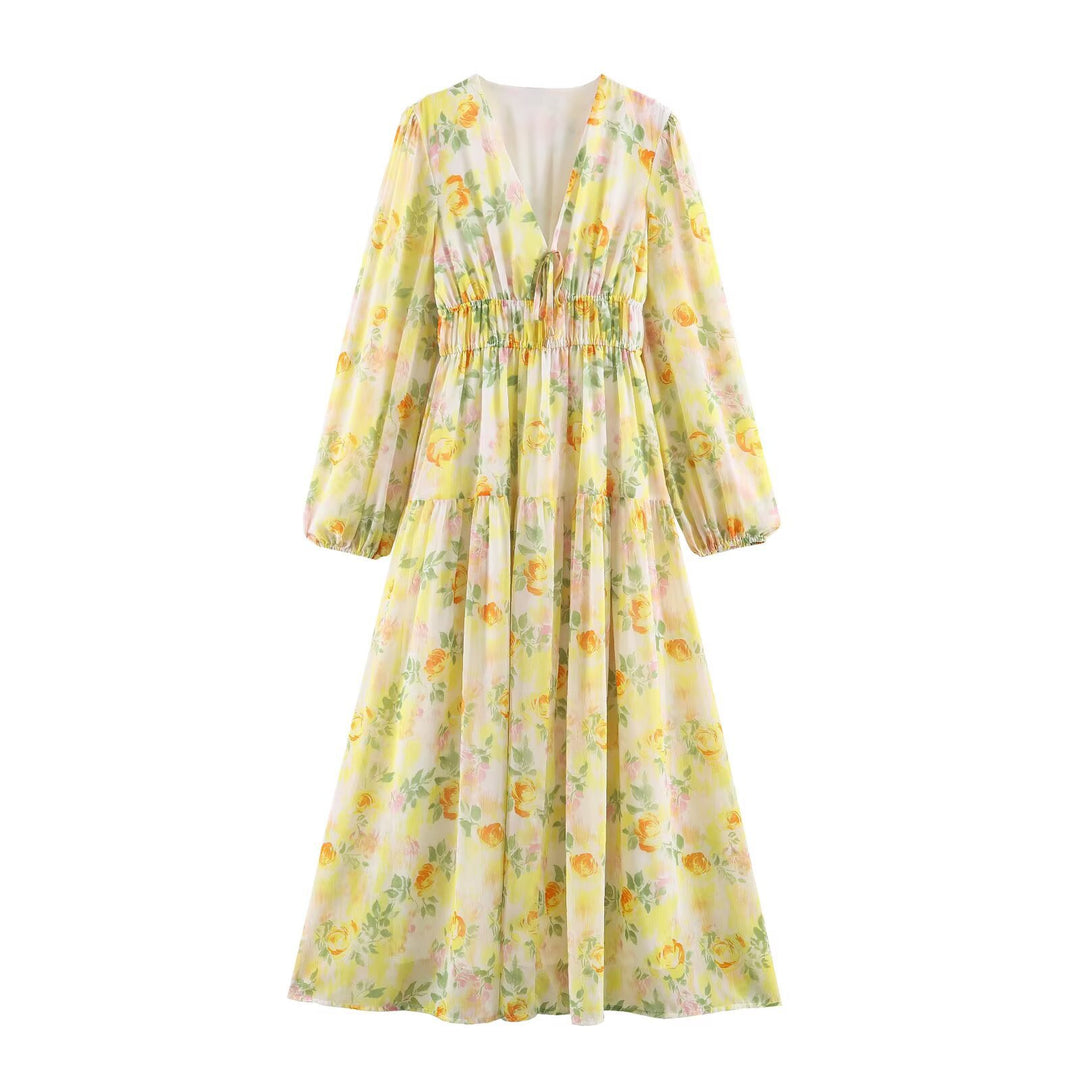 Damen Luftiges Chiffon-Midikleid mit tiefem V-Ausschnitt, geraffter Smock-Taille und Volantstufen Echo Archiv