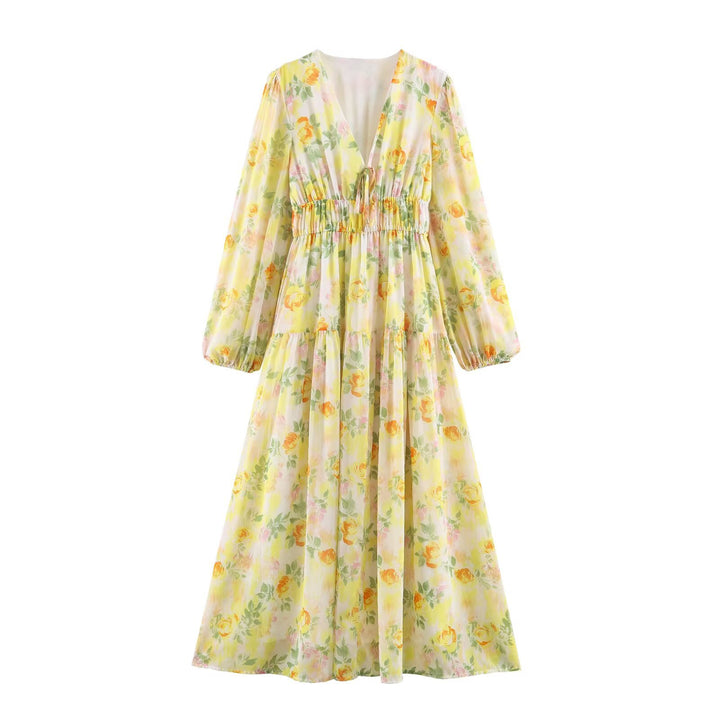 Damen Luftiges Chiffon-Midikleid mit tiefem V-Ausschnitt, geraffter Smock-Taille und Volantstufen Echo Archiv