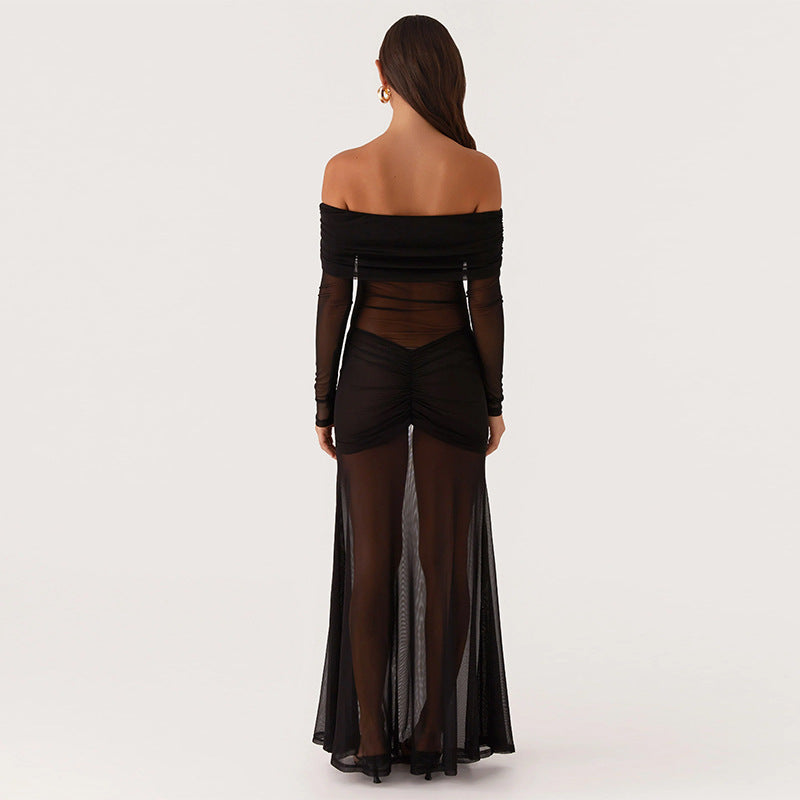 Damen durchsichtiges Maxikleid mit schulterfreiem Design und Rüschungen Echo Archiv