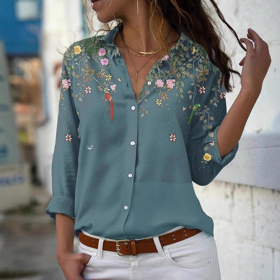 Damen nan leichte Chiffonbluse mit floralem Vogelprint, Knopfleiste und lässigem Schnitt Echo Archiv