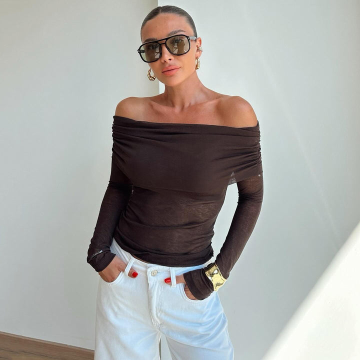 Damen nan schulterfreies Feinstrick-Longsleeve mit gerafftem Umschlagkragen und taillierter Passform Echo Archiv