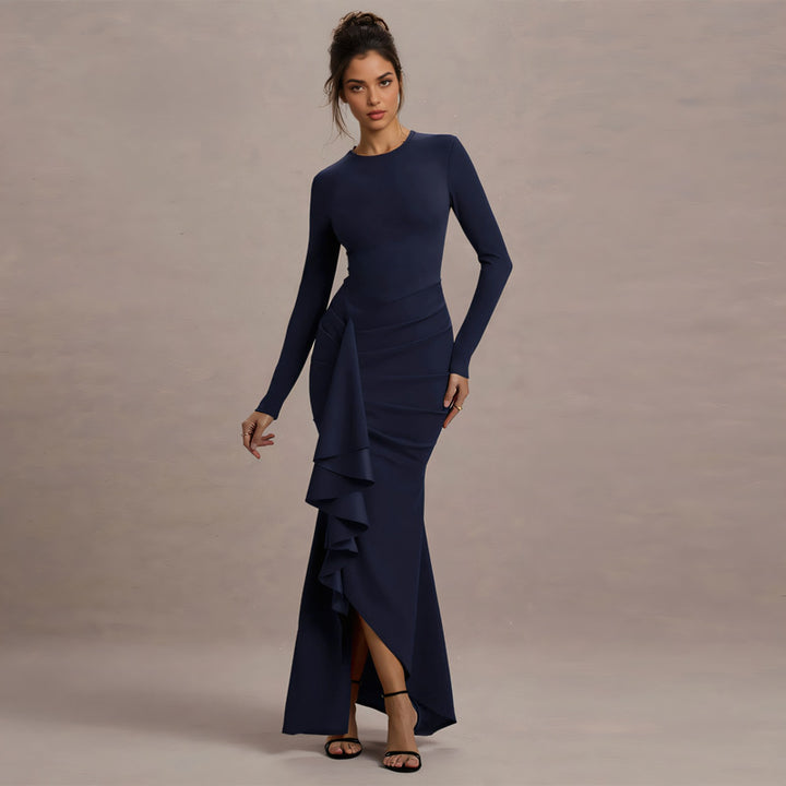 Damen Elegantes Abend-Maxikleid mit langen Ärmeln, figurbetonter Silhouette und seitlichem Volant – Avérine