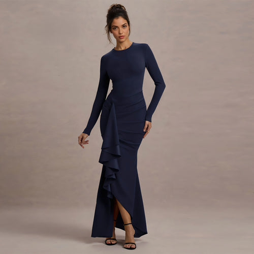 Damen Elegantes Abend-Maxikleid mit langen Ärmeln, figurbetonter Silhouette und seitlichem Volant – Avérine