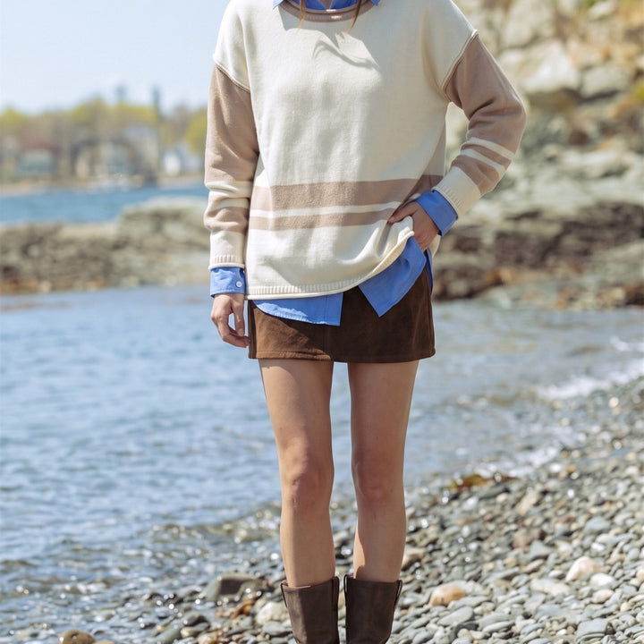 Damen Grobstrick-Pullover mit Paillettenstreifen, Oversize-Schnitt & Rundhalsausschnitt Echoarchiv