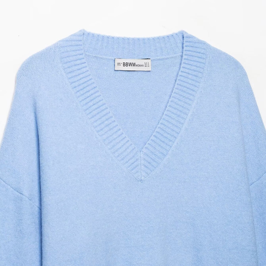 Damen Oversize V‑Ausschnitt Feinstrickpullover mit breitem Rippenbund Echoarchiv
