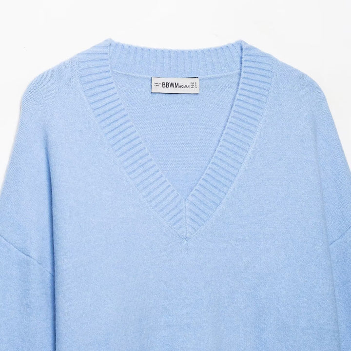 Damen Oversize V‑Ausschnitt Feinstrickpullover mit breitem Rippenbund Echoarchiv
