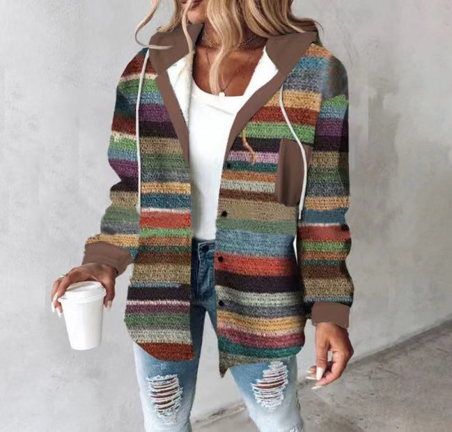 Damen Kapuzencardigan mit Streifen und Druckknopfblende Echoarchiv