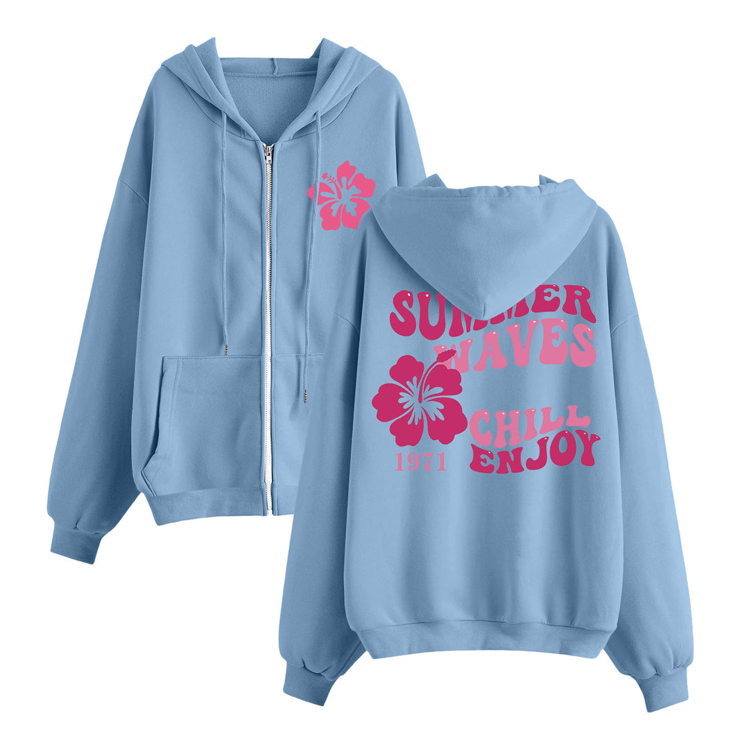 Damen entspannter Zip-Hoodie mit tropischem Hibiskus-Print, Kängurutaschen und gerippten Bündchen – Auréline