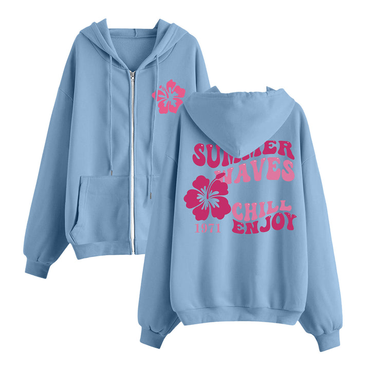Damen entspannter Zip-Hoodie mit tropischem Hibiskus-Print, Kängurutaschen und gerippten Bündchen – Auréline