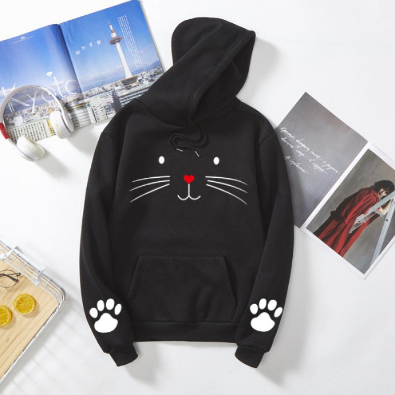 Damen Kapuzenpullover mit gedrucktem Katzenmotiv, Kängurutasche und Pfotenapplikationen – Auréline