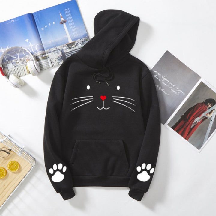 Damen Kapuzenpullover mit gedrucktem Katzenmotiv, Kängurutasche und Pfotenapplikationen – Auréline