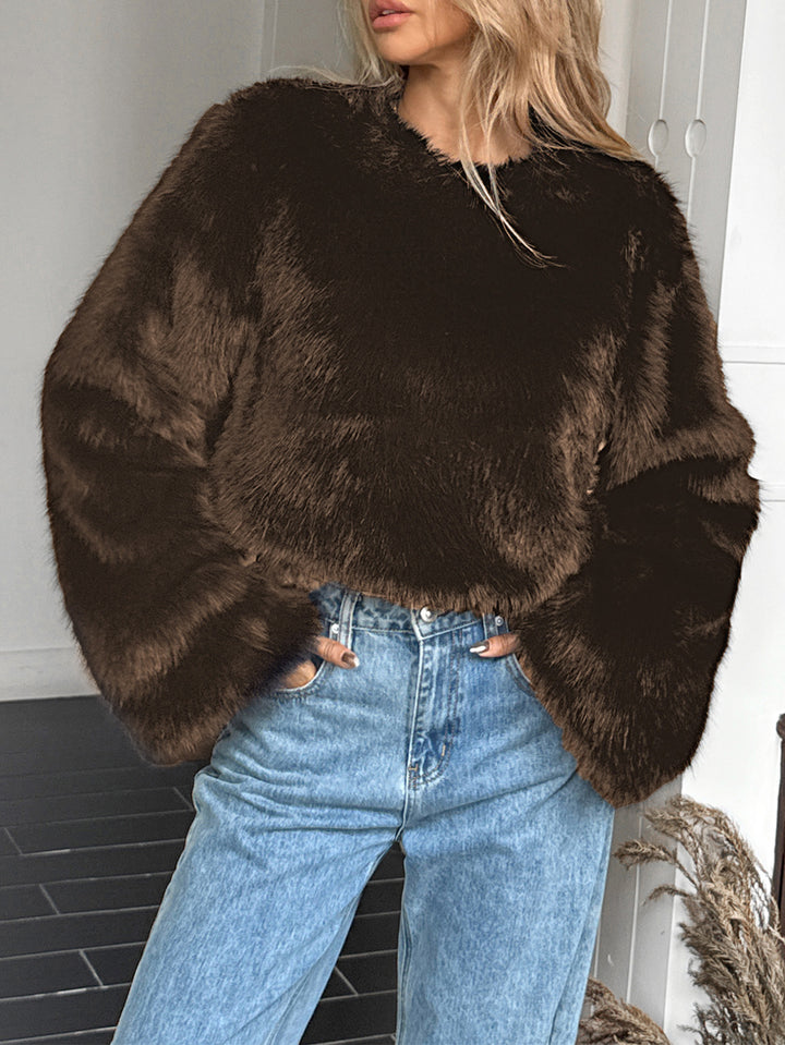 Damen kuscheliger Cropped-Faux-Fur-Pullover mit ausgestellten Ärmeln – Mavelle