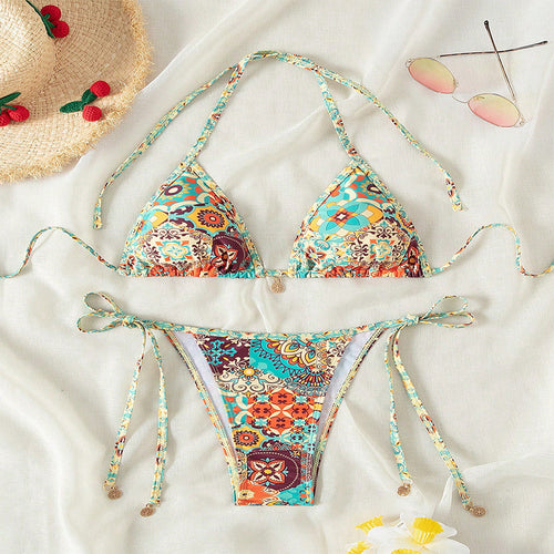 Damen Triangel-Bikini mit verstellbaren Trägern und buntem Blütenmuster Echo Archiv