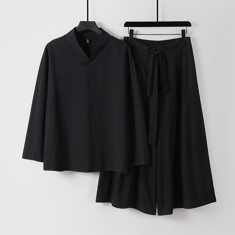 Damen Leichtes Leinen-Baumwoll Loungewear-Set mit V-Ausschnitt, weitem Midirock und Bindegürtel Echoarchiv