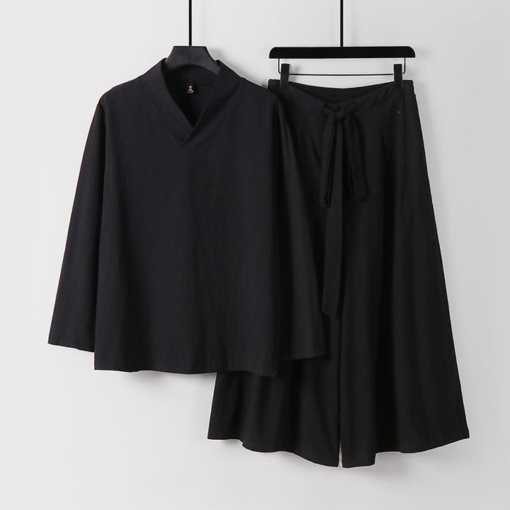 Damen Leichtes Leinen-Baumwoll Loungewear-Set mit V-Ausschnitt, weitem Midirock und Bindegürtel Echoarchiv