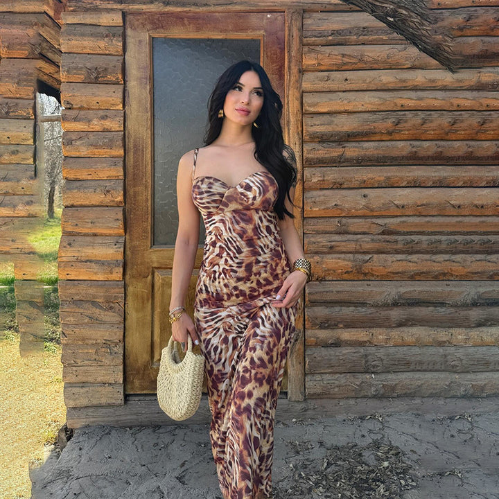 Damen Lange Leoprint-Maxi-Kleid mit trägerlosem Design und figurbetontem Schnitt Echo Archiv