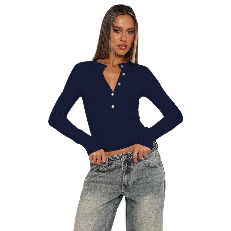 Damen Langarmshirt mit Knopfleiste und figurbetontem Schnitt Echo Archiv