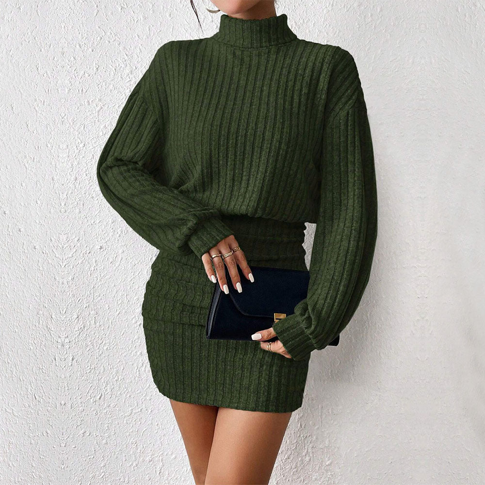 Damen gestricktes zweiteiliges Set mit Rollkragenpullover, geripptem Sculpting‑Minirock und Oversize-Ärmeln – Élanora
