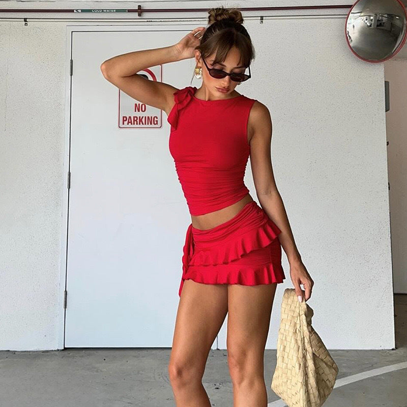 Damen Crop-Top und Miniröckchen Set im eleganten Rüschendesign Echo Archiv
