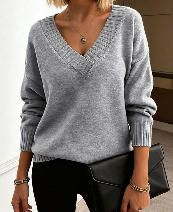 Damen Feinstrickpullover mit tiefem V-Ausschnitt und überschnittener Schulter – Mavelle