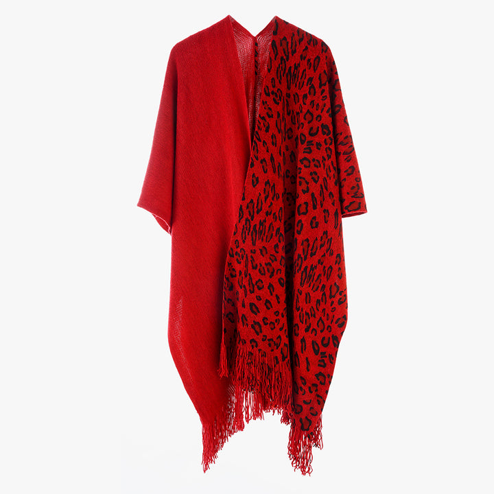 Damen Reversibler Capeponcho mit Leo-Jacquard, Fransen und kastigem Oversize-Schnitt – Célinea
