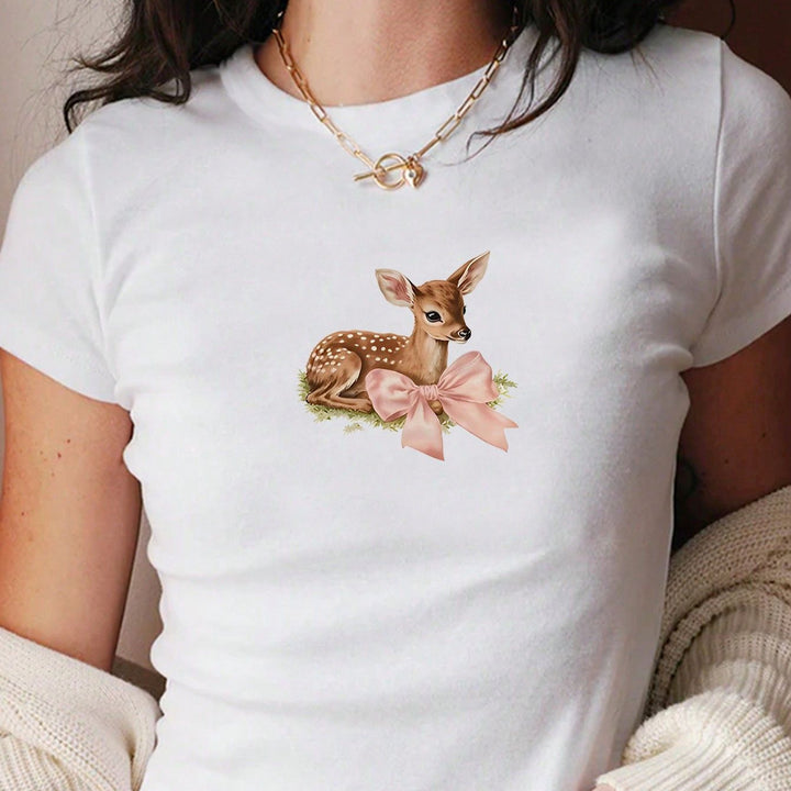 Damen Crop-T-Shirt mit bezauberndem Reh-Motiv und zartem Schleifendetail Echo Archiv