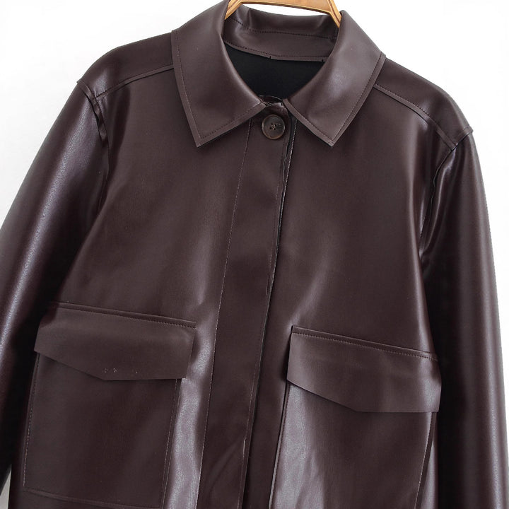 Damen Kurze Boxy-Lederoptikjacke mit Pattentaschen und Hemdkragen Echo Archiv