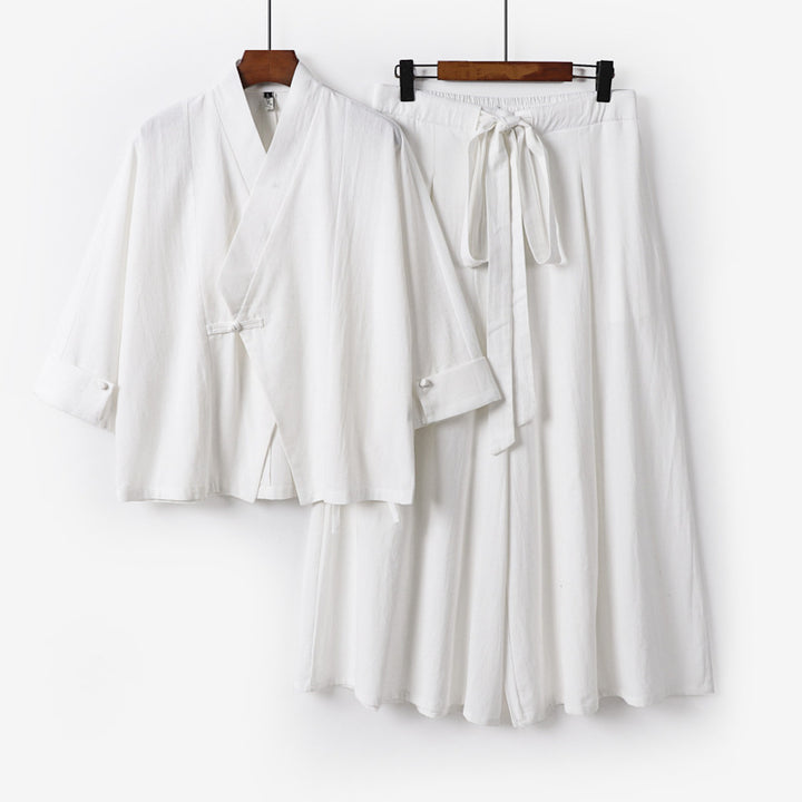 Damen Leichtes Kimono-Loungewear-Set mit V-Ausschnitt dreiviertelärmeln und weiten Palazzo-Hosen Echoarchiv