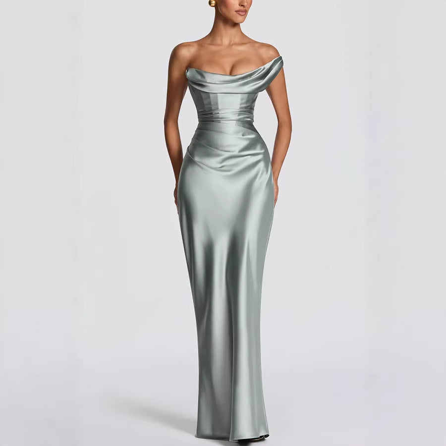 Damen Elegantes Maxikleid mit asymmetrischem Oberteil und fließendem Satin Echoarchiv