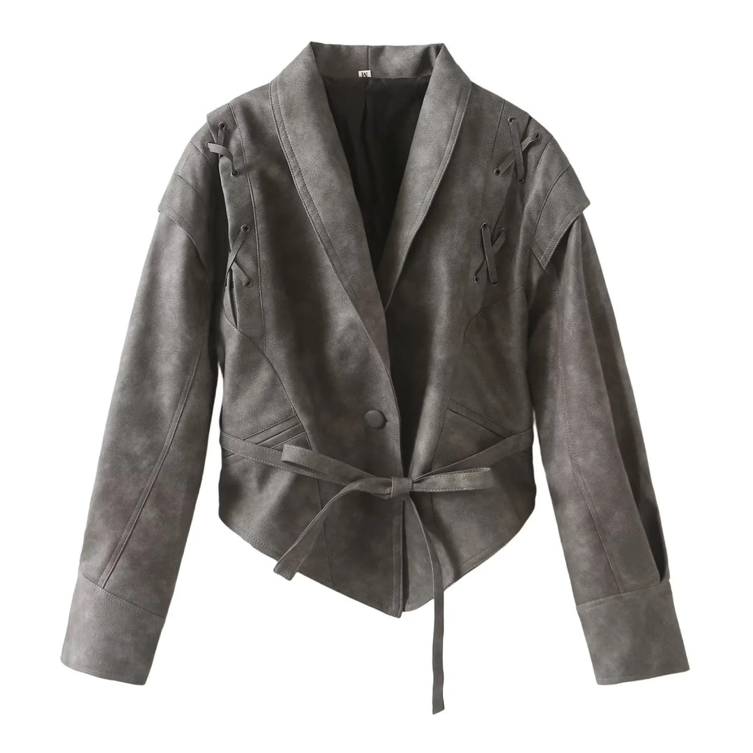 Damen Veloursoptik Blazerjacke mit Schalkragen, Schnürbesatz an den Schultern und taillierendem Bindegürtel – Valéne