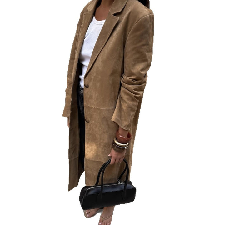 Damen Langmantel aus Veloursleder‑Optik mit schmalem Revers und cleanem Schnitt Echoarchiv