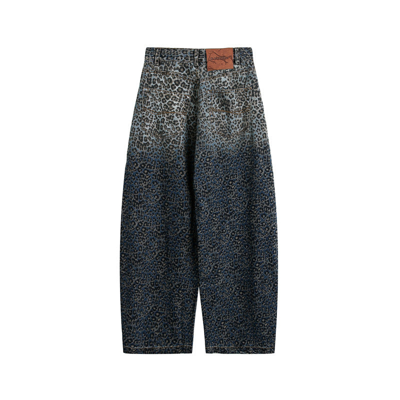 Damen Kurzgeschnittene Weite Jeans mit hoher Taille und Leopardenmuster Echoarchiv